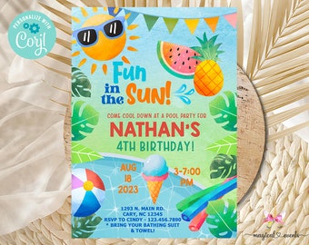 POOL PARTY boy birthday invitation, swimming pool boy birthday invite, summer, fun in the sun, digital printable corjl, pool party bash.