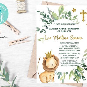 Safari lion boy 1er anniversaire et invitation au baptême, invitation au baptême du garçon, lion safari, imprimable numériquement, invitation au petit roi, paillettes d’or.