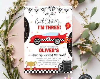 Race car boy birthday invitation, can&#39;t catch me i&#39;m three boy 3rd third birthday invite, corjl digital printable red race car boy birthday.