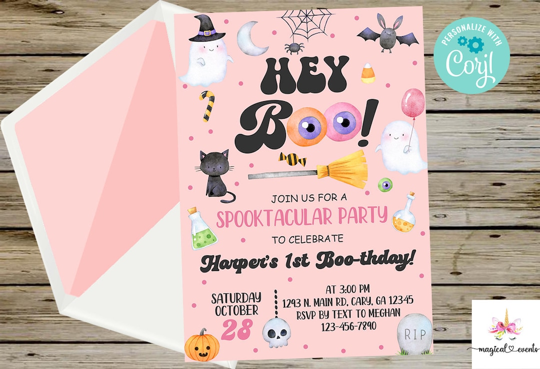 Hi Boo Drawing Halloween Girl Birthday Invitation, Pink Hi Boo Corjl Digital Printable ...