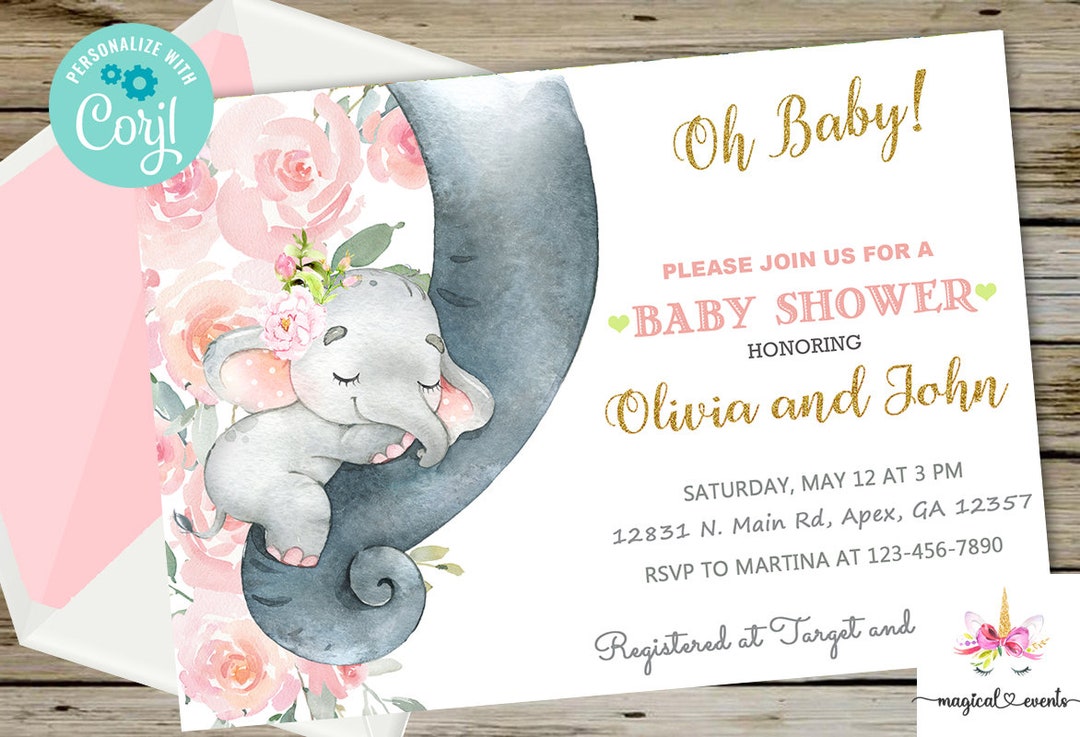 Hadley Designs Baby-Shower-Einladungen – 25 Stück Mit Elefanten-Design, Rosa & Rustikal, Zum Selbstgestalten