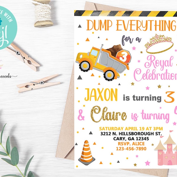 Siblings Construction dump truck Tiara birthday invitation invite digital printable, royal celebration tiara pink gold truck, corjl editable