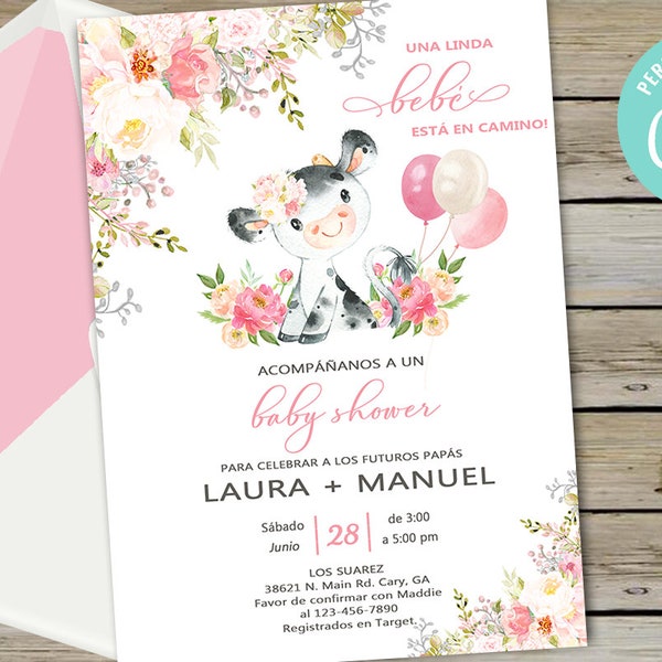 Pink cow baby shower invitation, boho girl invite, flowers baby cow balloons, digital printable corjl editable, spanish español, niña, bebé.