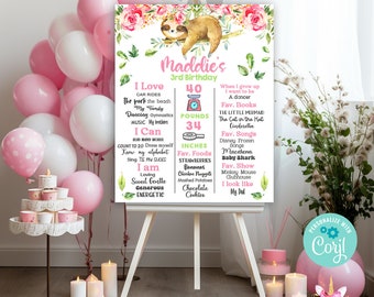 Sloth girl birthday milestones sign, birthday chalkboard, Sloth milestone sign, sloth pink flowers leaves, corjl editable digital printable.