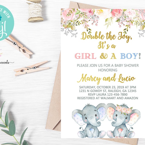 Twin babies elephant baby shower invitation, girl and boy twins invite, digital printable, double the joy, a girl and a boy, corjl editable.