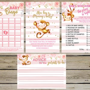 Puede incluir: Un conjunto de tarjetas de juego de baby shower imprimibles con un tema de mono rosa y dorado. Los juegos incluyen Baby Bingo, How Big is Mommy's Belly? y Baby Shower Price is Right. Las tarjetas tienen un fondo a rayas rosa y blanco con acentos florales.