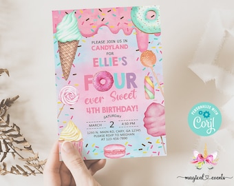 Faire-part pour le 4e anniversaire d'une fille douce, invitation, cupcake à la crème glacée de beignet de bonbons à la barbe à papa, quatre bonbons, imprimable numérique corjl.