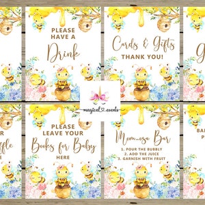 Könnte beinhalten: Acht druckbare Schilder mit Bienen-Motiv für eine Babyparty. Die Schilder zeigen eine Aquarell-Illustration von Bienen und Honigwaben. Der Text auf den Schildern lautet: "Genießen Sie etwas Essen", "Bitte nehmen Sie ein Getränk", "Karten & Geschenke Danke", "Bitte unterschreiben Sie das Gästebuch", "Bitte hinterlassen Sie Ihre Lose für die Windeltombola hier", "Bitte hinterlassen Sie Ihre Bücher für das Baby hier", "Mimosabar 1. Gießen Sie den Sekt ein 2. Geben Sie den Saft hinzu 3. Garnieren Sie mit Obst", und "Babys sind süß, bitte nehmen Sie etwas Süßes".