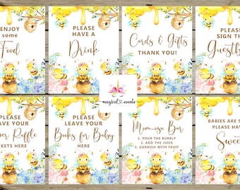 Bee gender reveal signs bundle, blue and pink flowers, gender reveal signs, bumblebee honeybee signs package, digital printable, signs pack.