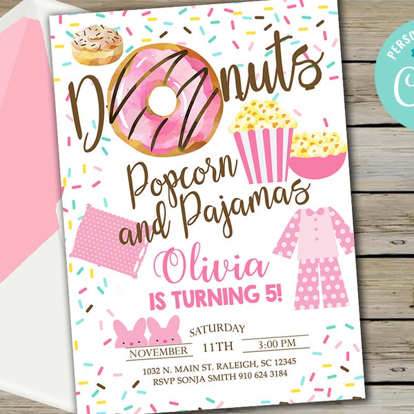 Girl donuts popcorn & pajamas birthday invitation, pink donuts girl birthday invite, digital printable, girl pajama party, corjl editable.
