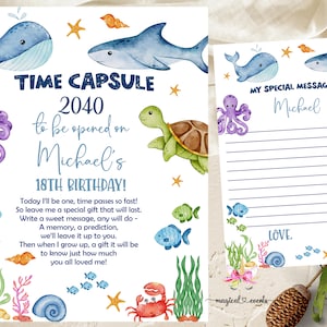 Zeeleven oceaandieren jongen verjaardag tijdcapsule bord & berichtkaart, digitaal afdrukbaar, ik ontwerp je print, onder de zeejongen tijdcapsule