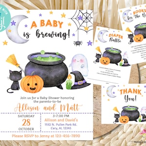 Halloween baby shower invitation, a little baby is brewing, baby shower bundle, digital printable, corjl editable, ghost cat witch pumpkin.
