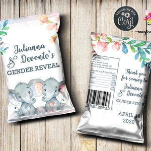Elephants gender reveal Chips Bag Wrapper, digital printable, gender reveal favor, party supplies, elephant customized chip bag wrapper.