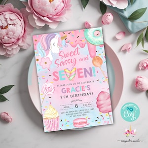 Candy Seven is so Sweet girl 7th birthday invitation, invite, cotton candy sweets donut ice cream cupcake unicorn, corjl digital printable.