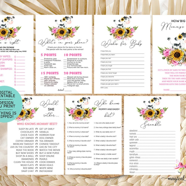 Cow and sunflowers baby shower games bundle, cow sunflowers pink flowers baby shower, baby cow games pack, cow games package cow baby shower