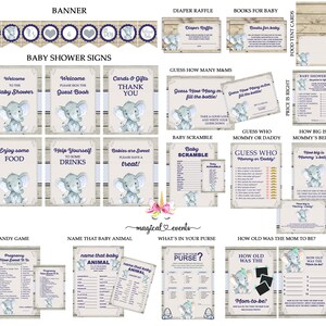 Olifant baby shower spellen borden en kaarten bundel, jongen olifant spellen borden en kaarten pakket, blauwe olifant en houten achtergrond, pack.