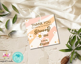 May include: Pink and orange thank you tag with white daisies and gold text that reads "Thank you for making my birthday a Groovy one Love, Diana".