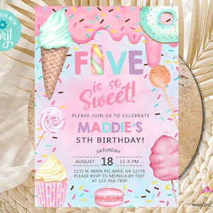 Invito di compleanno per bambina Candy FIVE is SO SWEET, invito di compleanno, dolcetti di zucchero filato, ciambelle, cupcake, corjl stampabile digitale.