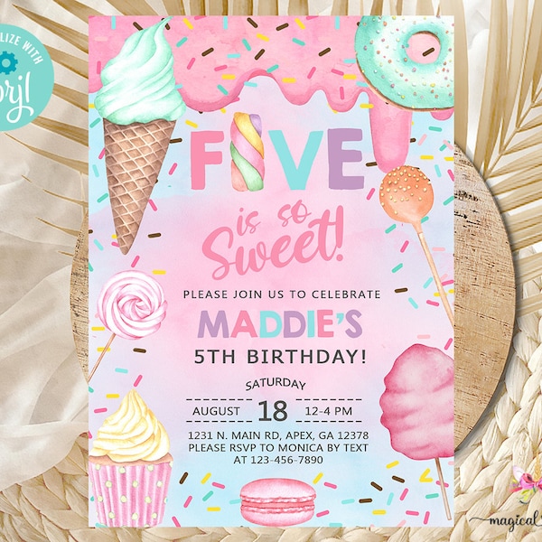 Candy FIVE is SO SWEET girl birthday invitation, birthday invite, cotton candy sweets donut ice cream cupcake, corjl digital printable.