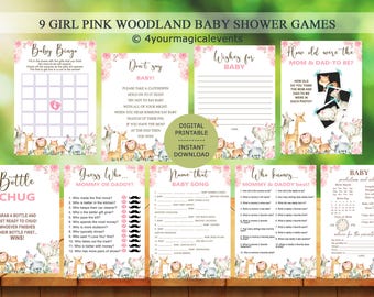 Negen 9 roze bos thema meisjes babyshower spelletjes bundel, pakket, pak, bos meisjes dieren roze bloemen, bos meisjes babyshower spelletjes