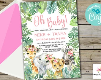 Könnte beinhalten: Eine Babyparty-Einladung mit Dschungel-Thema. Die Einladung zeigt eine Giraffe, einen Elefanten, einen Löwen und ein Zebra mit rosa Blumen. Der Text auf der Einladung lautet "Oh Baby!" und enthält die Namen "Mike + Tanya" sowie das Datum "Samstag | 16. August | 15:00 Uhr".