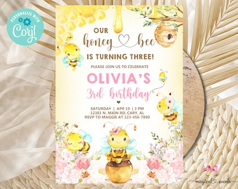 Our honey bee birthday invitation, bumblebee girl birthday invite, corjl editable, digital printable, Bumblebee honey bee bees, ANY AGE.