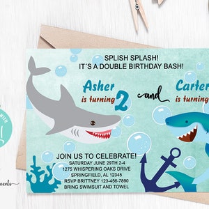 May include: A blue and green birthday invitation featuring a shark illustration. The invitation is for a double birthday bash for Asher turning 2 and Carter turning 5. The text reads "Splish Splash! It's a double birthday bash! Asher is turning 2 and Carter is turning 5. Join us to celebrate! Saturday June 29th 2-4 1275 Whispering Oaks Drive Springfield, AL 12345 RSVP Brittney 123-456-7890 Bring swimsuit and towel."