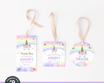Etiquetas de agradecimiento de unicornio y arcoíris, obsequios de cumpleaños, etiqueta de agradecimiento de cumpleaños de niña, 3 etiquetas de cumpleaños de niña con unicornios y arcoíris, corjl editable.