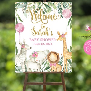 16x20 Rosa Luftballons Safari Tiere Babyparty Willkommensschild, Mädchen Safari Willkommensschild, rosa Luftballons Löwe Elefant Giraffe Zebra Gold.