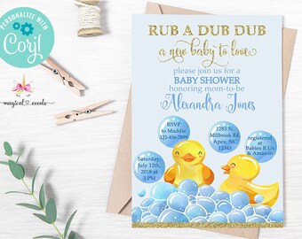 Rub a dub dub ducks baby shower invitation, boy baby shower invite, bubbles and ducks, digital printable, a new baby to love, corjl editable