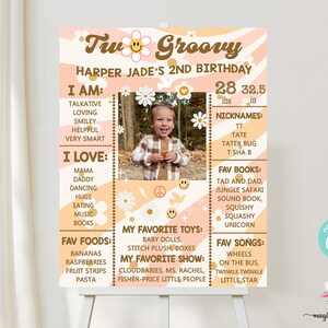 May include: A pink and orange birthday poster with a photo of a child. The poster has the text "Tru Groovy" and "Harper Jade's 2nd Birthday". It also includes details about the child's age, weight, nicknames, favorite foods, toys, books, and songs.