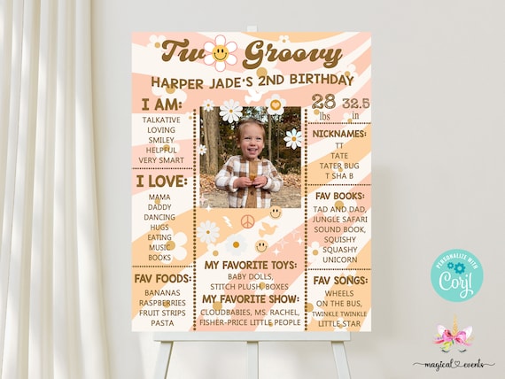 Girl pink orange groovy birthday chalkboard, milestones 2nd birthday sign, two groovy poster, retro 70's daisies smileys, digital printable.