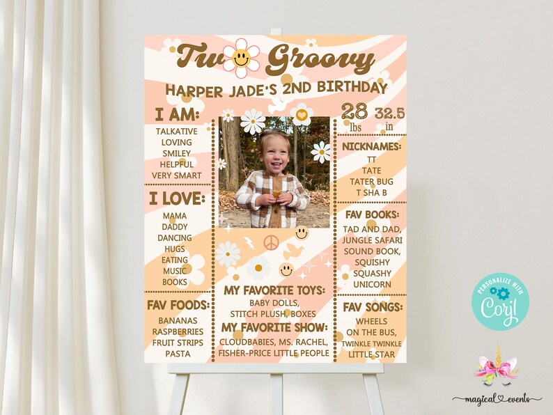 May include: A pink and orange birthday poster with a photo of a child. The poster has the text "Tru Groovy" and "Harper Jade's 2nd Birthday". It also includes details about the child's age, weight, nicknames, favorite foods, toys, books, and songs.