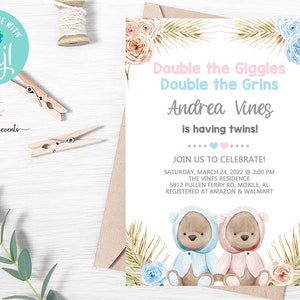 Invito baby shower gemelli orsacchiotti, invito per bambini e ragazze, stampabile digitale, orsi gemelli, fiori boho blu e rosa, sughero modificabile.