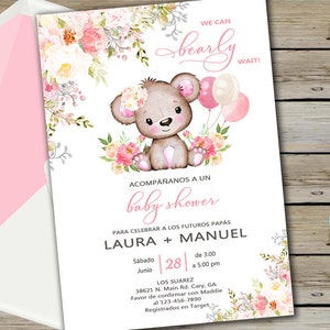 Bearly wait, bear baby shower uitnodiging, boho meisje uitnodigen, bloemen beer ballonnen, digitaal afdrukbare corjl bewerkbaar, Spaanse español, niña.