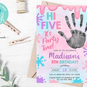 HI FIVE Slime girl birthday invitation, girl slime 5th birthday invite, corjl digital printable, its fun time, slime pastel colors, Hi 5.