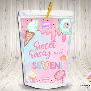 Sweet Sassy and Seven juice pouch labels, girl Sweets and Candy birthday party favor favors, customized juice pouch label, cupcakes donuts.
