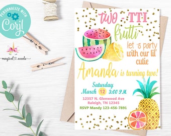 May include: A colorful invitation for a two-year-old's birthday party with a fruit theme. The invitation features a watermelon, lemon, and pineapple with the text "Two-tti Frutti" and "Amanda is turning two!"