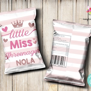 Little Miss Threenager girl 3rd birthday Chips Bag Wrapper, digital printable, birthday favor favors, party supply supplies, three-nager.