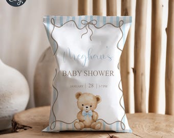Blue bow bear boy baby shower Chips Bag Wrapper, digital printable, baby shower favor party supplies, teddy bear chip bag wrapper favor.