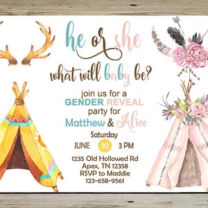 Teepee gender reveal invitation, invite, he or she what will baby be, digital printable download, tribal boho native teepees, corjl editable