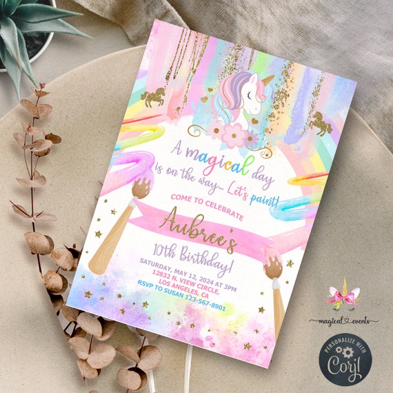 Unicorn Art Paint girl birthday party invitation, art girl birthday invite, corjl digital printable download, pastel brush strokes, unicorn.