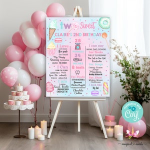 Two Sweet 2nd birthday girl milestones sign, birthday chalkboard, Two Sweet milestone sign, sweets candy, corjl editable digital printable.