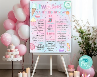 Two Sweet 2nd birthday girl milestones sign, birthday chalkboard, Two Sweet milestone sign, sweets candy, corjl editable digital printable.