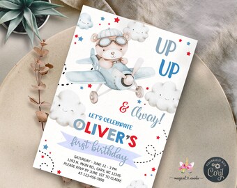 May include: A blue and white airplane with a teddy bear pilot wearing aviator goggles. The plane is flying through clouds with red stars. The text "Up Up & Away! Let's Celebrate Oliver's First Birthday" is on the invitation.