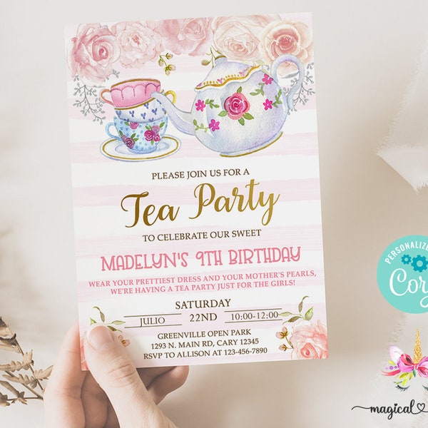 Tea Party birthday invitation, par-tea girl birthday invite, girl tea party teapot tea cups pink roses gold glitter, corjl digital printable