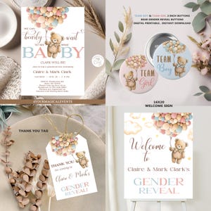 Wir können kaum warten GENDER REVEAL Bundle-Pack, Einladung, Willkommensschild, Danke-Tag und Buttons / Pins, Corjl editierbar, digital druckbar.