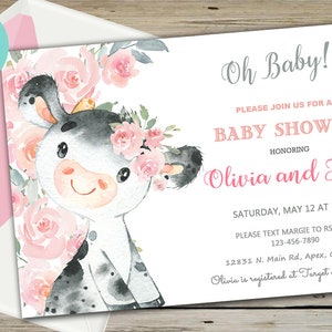 Pink cow baby shower invitation, girl baby shower invite, baby cow & pink flowers, digital printable, girl cow baby shower, corjl editable.
