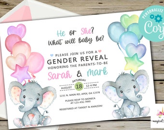 Elephants gender reveal invitation, invite, boy or girl, he or she, what will baby be, digital printable,elephants balloons, corjl editable.