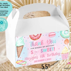 Caja de golosinas para el sexto cumpleaños de Sweet Sassy y Six girl, caja a dos aguas, caja de favores, donut de piruleta de cupcake de dulces, imprimible digital personalizado.